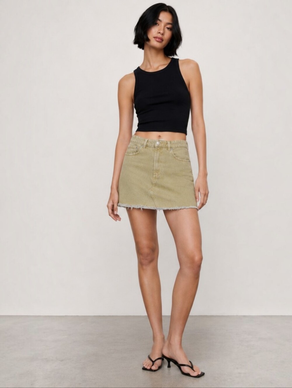 Zara High Rise Frayed Distressed Over-Dyed Khaki Ocher Denim Mini Skirt Small